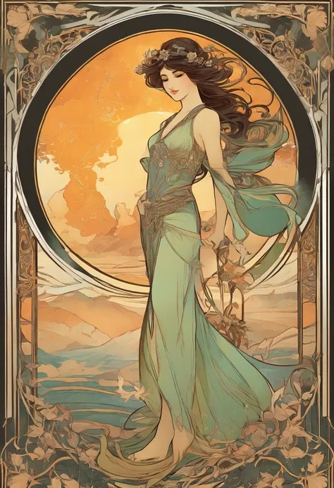 8K.Poster illustration in Alphonse Mucha style, Flat lacquer finish, Naughty Oriental Girl, 18yr old, cabelos preto e longos, Cropped dress, Holding a cane with lightning bolts in his hand,The whole body likes it,Slender body,Bare feet,in an art nouveau st...