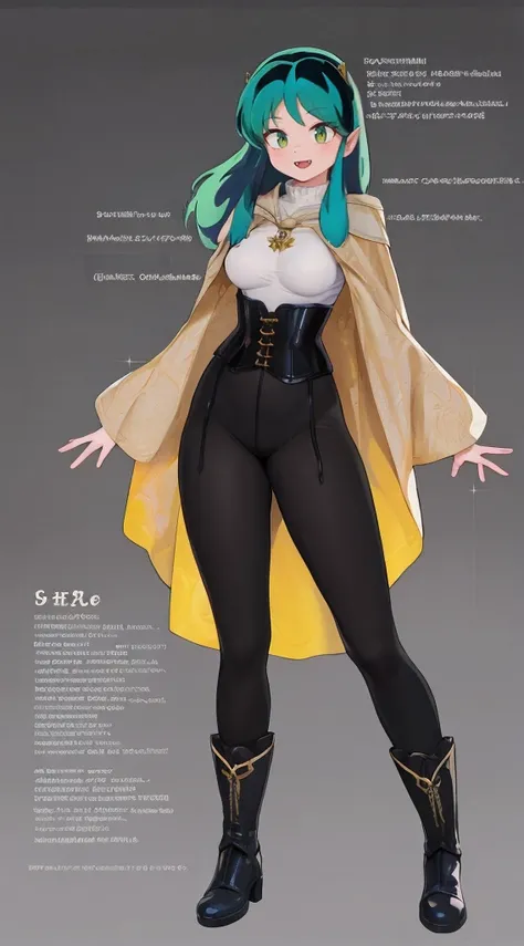 masterpiece, best quality,, corset, breastplate,lum, , urusei yatsura, cloak, pants, pullover kimono,martial pov,, pantyhose, sharpteeth, standing,smile, matial art,, full body, boots , pant, medium breast, pants, pullover,martial pov,god rays, ray tracing...