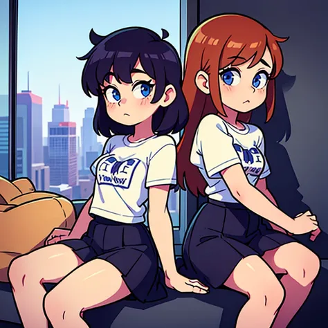 twogirls，back-to-back，twincest，A person wears a skirt，One person wearing a T-shirt，internet