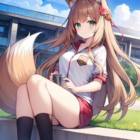 tmasterpiece，best qualtiy，A high resolution，1girll, Solo, (8K wallpaper), (Long brown hair)，(Huge fox tail:1.2)，Green eyes，Small flower headdress，16-year-old girl_C cup，Modern architecture，On the school playground，Wear school tracksuits，ssmile，From a posit...