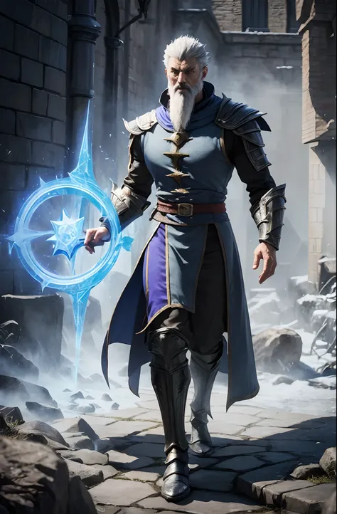 3D Graphics, ((Merlin)), 1male Wizard, Old Sage, Bearded, Grey Hair, Powerful Mage, Fighting Game Character, Mortal Kombat Character, Merlin in Mortal Kombat 11.