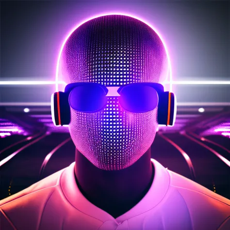 frame generated head, CG , grid only, wearing headphones with soundwaves around, steellar field in background, purple hue