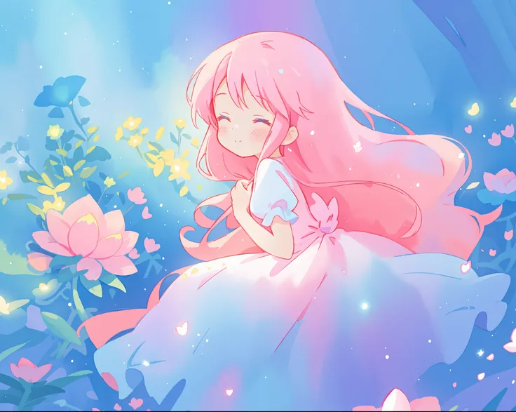 beautiful girl in sparkling flowing dress, long flowing pink hair, colorful fantasia background, watercolor illustration, disney art style, glowing aura around her, glowing lights, beautiful digital illustration, fantasia otherworldly landscape plants flow...