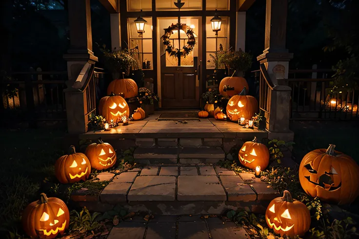 "Enchanted Pumpkin Pathway"
Description: Create a captivating AI artwork featuring a front porch adorned with intricately carved jack o lanterns. These pumpkins should line a magical pathway, illuminating the way for trick-or-treaters on Halloween night. T...