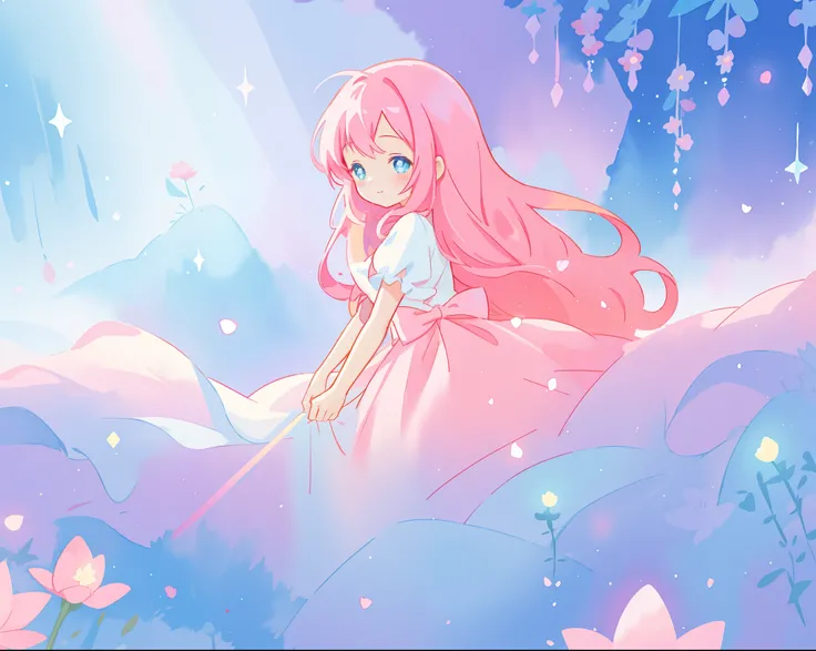 beautiful girl in sparkling flowing dress, long flowing pink hair, colorful fantasia background, watercolor illustration, disney art style, glowing aura around her, glowing lights, beautiful digital illustration, fantasia otherworldly landscape plants flow...