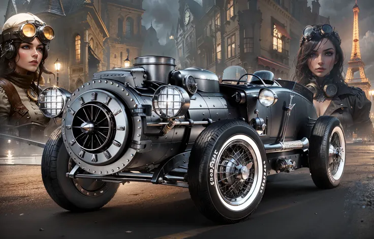 Um carro esportivo vintage preto steampunk, with all three headlights on and on, acelera a toda velocidade por uma rua steampunk molhada. Behind are two extremely beautiful and seductive steampunk cyclists, The water is all over the ground, criando um rast...