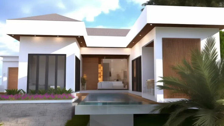 arafed view of a modern home with a pool and a garden, front view dramatic, front facing shot, frontview, exterior design, front facing view, inter dimensional villa, pristine and clean design, front perspective, overall architectural design, residential d...