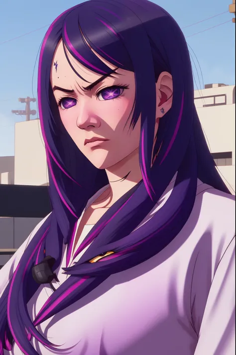 gtav style Hoshino Ai, long hair, purple hair, streaked hair ,purple eyes, star-shaped pupils, hair ornament