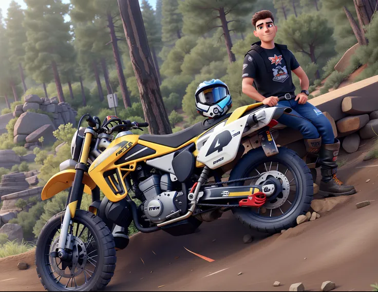 Man sitting behind a motocross dressed as a biker just like Disney Pixar movies