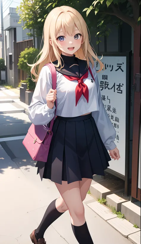 1girl in、AS-Adult、A smile、open open mouth、、be shy、The shirt、skirt by the、（small tits）Japan High School、校服、serafuku、Walking with a thigh、Upper body portrait、