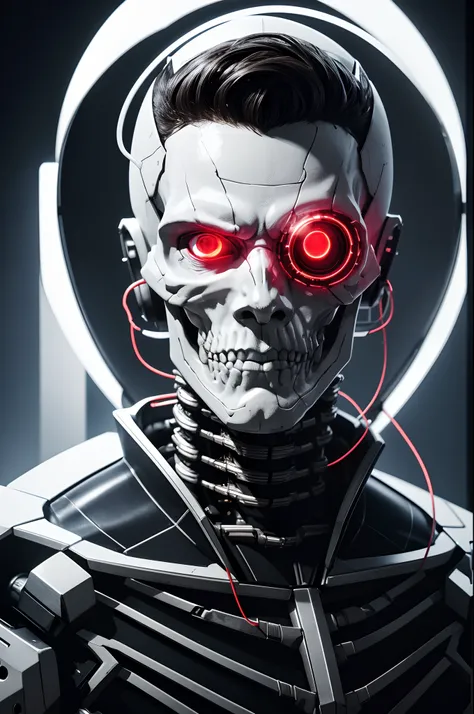 8K,The camera eye of one eye that glows red is exposed.,Young Man Head Humanoid Electronic System |Cyborg Man|Visible Detailed Brain|With a heart of visible detail|Muscle Cable Wire|bio punk|cybernetic|cyberpunked|Connected to a large number of cables,LED ...