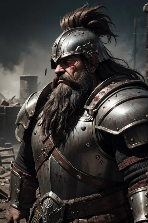 (full-)best quality,ultra-detailed,realistic,portrait,dwarf,armor,helmet,shield,warhammer,long beard,big belly,angry,battlefield,metallic shine,dark and gritty,strong stance,weathered armor,rough and tough,muscular frame,fierce expression,combat-ready,stro...