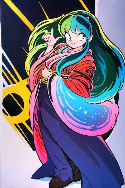 lum, superhero costume, urusei yatsura, cloak, pants, pullover, kimono, martial pov, pantyhose, sharp teeth, standing, smile, ma...