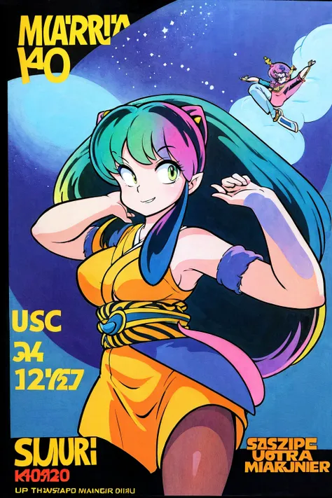 lum, superhero costume, urusei yatsura, cloak, pants, pullover, kimono, martial pov, pantyhose, sharp teeth, standing, smile, martial art, (best quality,4k,8k,highres,masterpiece:1.2), ultra-detailed, (c:1.37), HDR, UHD, studio lighting, ultra-fine paintin...