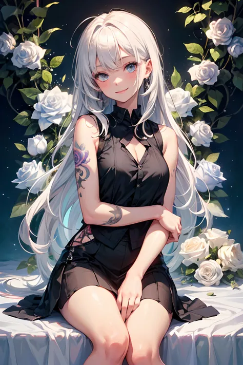 1girl, white hair, messy hair, long hair, black short vest, black ripped shorty, strings, earrings, shaman, almond eyes, demon soft tail, tattoos on right arm, cross earring, masterpiece, beautiful and aesthetic, illustration, smile, high quality, professi...