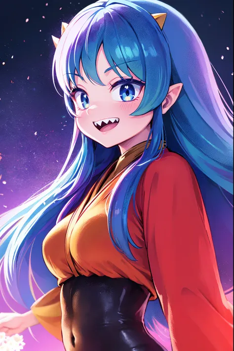 lum, superhero costume, urusei yatsura, cloak, pants, pullover, kimono, martial pov, pantyhose, sharp teeth, standing, smile, ma...