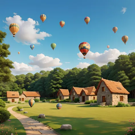 Stone Cottages, hot air balloons, Floresta, montanhas