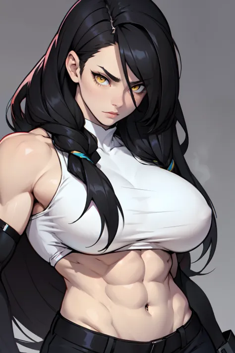 ((muscular girl)) huge breasts toned body black hair yellow eyes very long hair solo pale skin