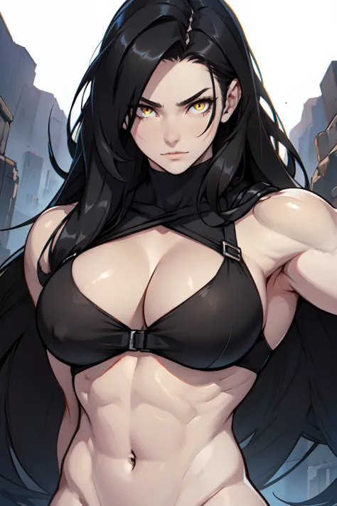 ((muscular girl)) huge breasts toned body black hair yellow eyes very long hair solo pale skin