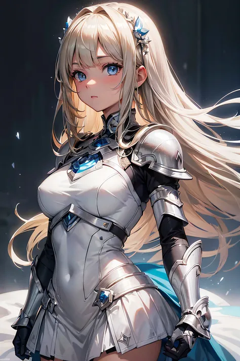 (masterpiece, best quality:1.2), 1girl, solo,Blonde, straight hair, natural bangs, beautiful silver armor, white dress, blue eyes, beautiful, super detailed, fleeting atmosphere,