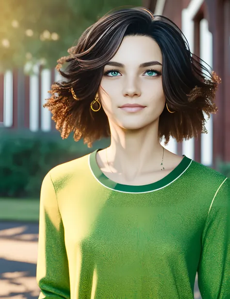 Life of Strange Artstyle, woman with curly black hair with brown highlight, long hair length, Dark Green Eye color, school dorm,  neck, wrist, and shoulder tattoo, mole under left eye, freckles on shoulders. Wearing a green long sleeved shirt with golden b...