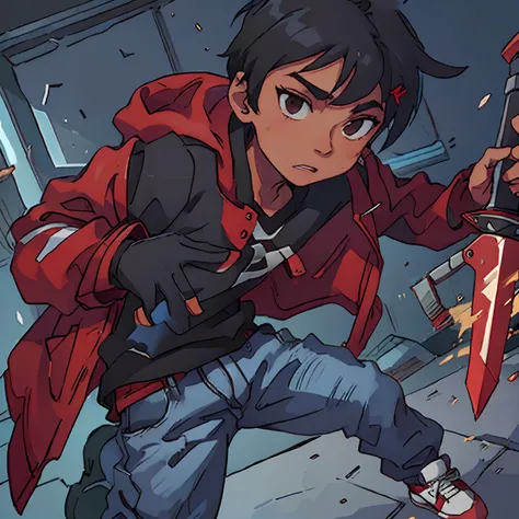 16 year old black boy wearing red jacket and streetwear style jeans and Jordan sneakers and with a sword