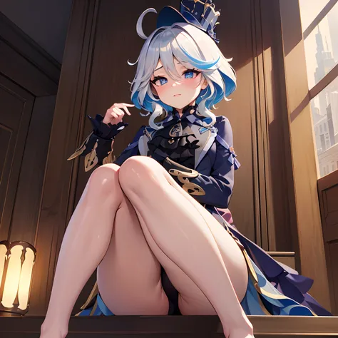 Furina, Surrealism, 8k, super detail, hydro archon, thicc thighs, sitting, beautiful eyes, genshin, masterpiece, best quality, ultra-detailed, illustration, epic lighting, cinematic composition, isometric, 1girl, solo, cute, captivating pose, indoors, look...