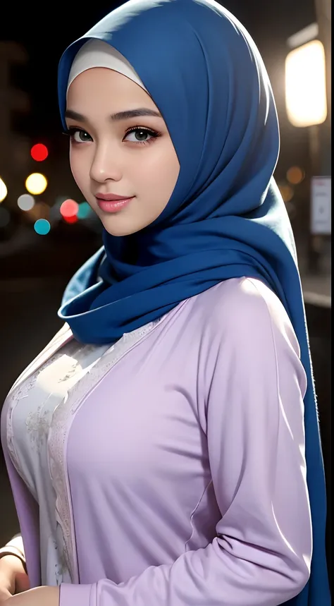 (night scene, close up photo of a sexy naked malay girl with hijab, posing, look at a camera and smile, blue pastel hijab, (green eyes:0.8), big tit, cute young face, 18 yo, soft volumetric lights, (backlit:1.3), (cinematic:1.3), intricate details, (ArtSta...