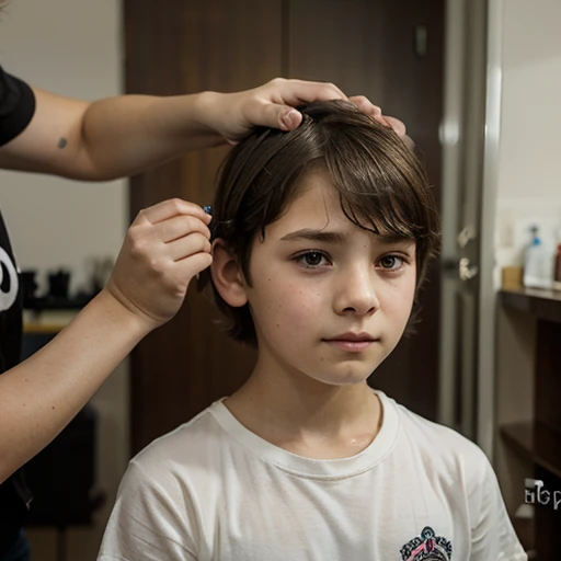 A boy, 10 years old, beauty salon, short messy hair, sad, shirt