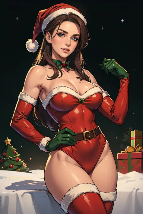 1woman, solo, long hair, brown hair, gloves, bare shoulders, green eyes, elbow gloves, lips, christmas, santa hat, red gloves, s...