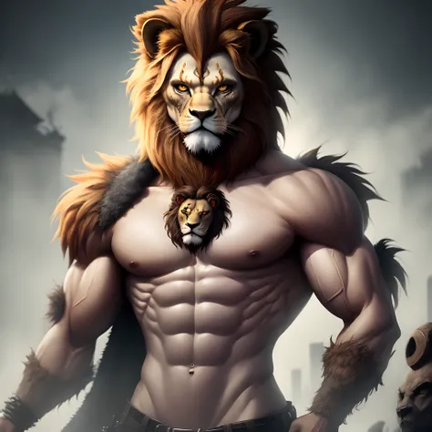 Zombie lion head and muscles half body of with lots of jury and future fashion