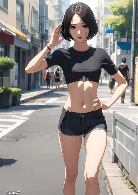 Girl with short black power hair thin waist abdomen set doing pose in the middle of the square with shorts near black top