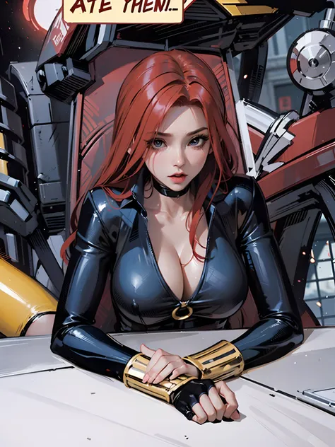 a comic scene featuring a red-haired woman, presumably a character like Black Widow. The woman, dressed in a skin-tight shiny blue latex leather bodysuit with a low-cut neckline revealing a large chest, is seated relaxingly at a white table, her hands rest...