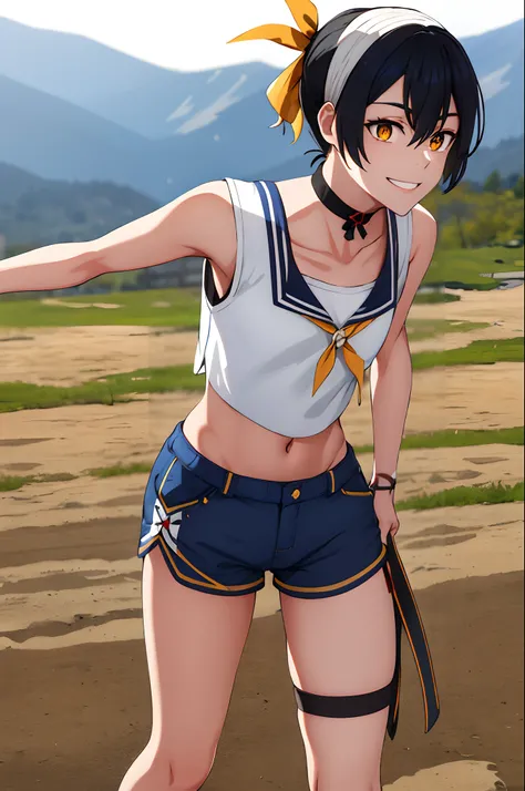 masterpiece, best quality, highres, hs1, red eyes, yellow eyes, side ponytail, x hair ornament, thigh strap, blue shorts, front-tie top, hair ribbon, midriff, short shorts, panty straps, sleeveless, white shirt, black choker, smile, standing, outdoors