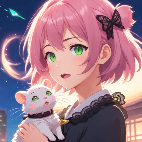 (best quality,ultra-detailed:1.2),green eyes,pink hair,black dress,pink lace collar,toy mouse hanging from mouth,solo pose,neko style,sparkling background,dreamy lighting,vibrant colors,soft pastel tones