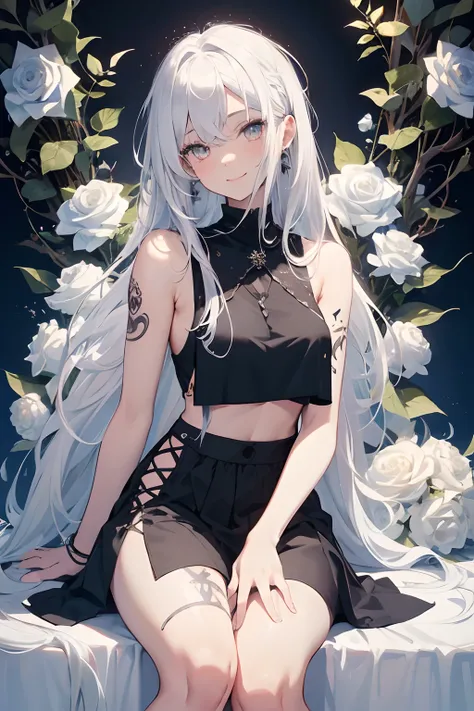 1girl, white hair, messy hair, long hair, black short vest, black ripped shorty, strings, earrings, shaman, almond eyes, demon soft tail, tattoos on right arm, cross earring, masterpiece, beautiful and aesthetic, illustration, smile, high quality, professi...