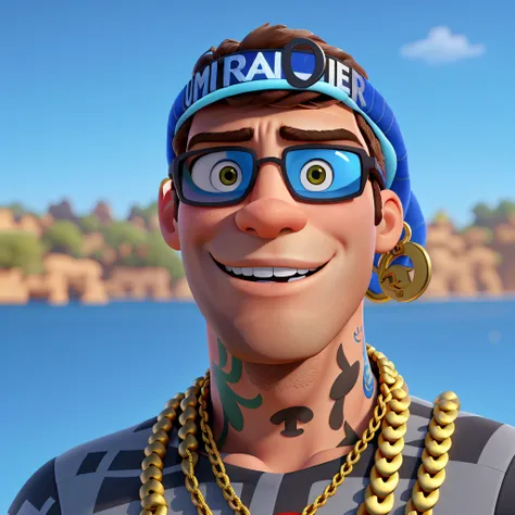 Um homen,estilo Disney Pixar, alta qualidade, melhor qualidade, sorriso maior, Gold neck chain, sem camiseta, tatuado, oculos estilo juliet da oakley