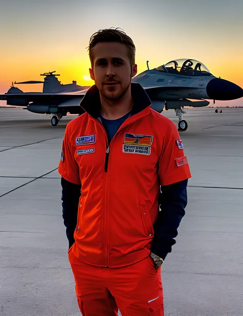 Ryan Gosling standing in front of an F16 Fighter jet on the airfield, holding an M4 rifle in front of his body. Orange sunset in the background. Slight frog perspective