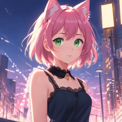 (best quality,ultra-detailed:1.2), green eyes, pink hair, black dress, pink lace collar, solo pose, neko style, sparkling background, dreamy lighting, vibrant colors, soft pastel tones, has cat ears