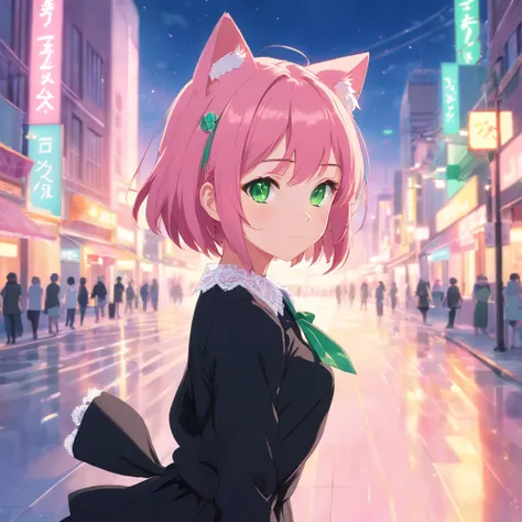 (best quality,ultra-detailed:1.2), green eyes, pink hair, black dress, pink lace collar, solo pose, neko style, sparkling background, dreamy lighting, vibrant colors, soft pastel tones, has cat ears