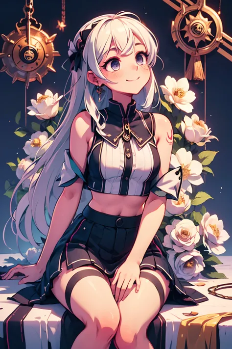 1girl, white hair, messy hair, long hair, black short vest, black ripped shorty, strings, earrings, shaman, almond eyes, demon soft tail, tattoos on right arm, cross earring, masterpiece, beautiful and aesthetic, illustration, smile, high quality, professi...