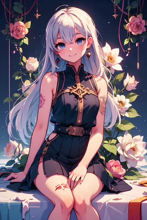 1girl, white hair, messy hair, long hair, black short vest, black ripped shorty, strings, earrings, shaman, almond eyes, demon soft tail, tattoos on right arm, cross earring, masterpiece, beautiful and aesthetic, illustration, smile, high quality, professi...