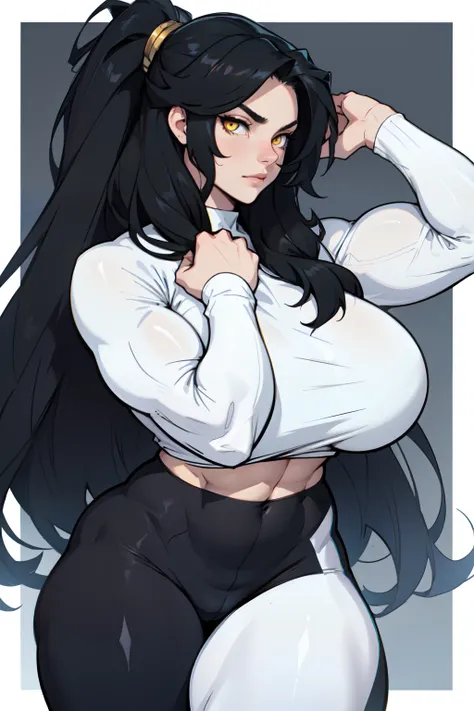 ((muscular girl)) huge breasts toned body black hair yellow eyes very long hair solo pale skin tight shirt