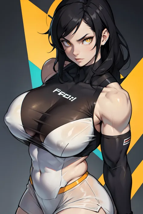 ((muscular girl)) huge breasts toned body black hair yellow eyes solo pale skin see-through