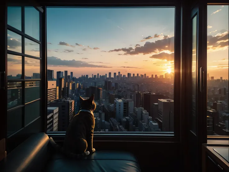 There was a cat sitting on the couch looking out the window, watching the sunset, film view!!!, cat attacking tokyo, epic and cinematic view, Looking out the window, night time footage, seeing a cat, Looking at the sky, film view, looks out the window, spe...