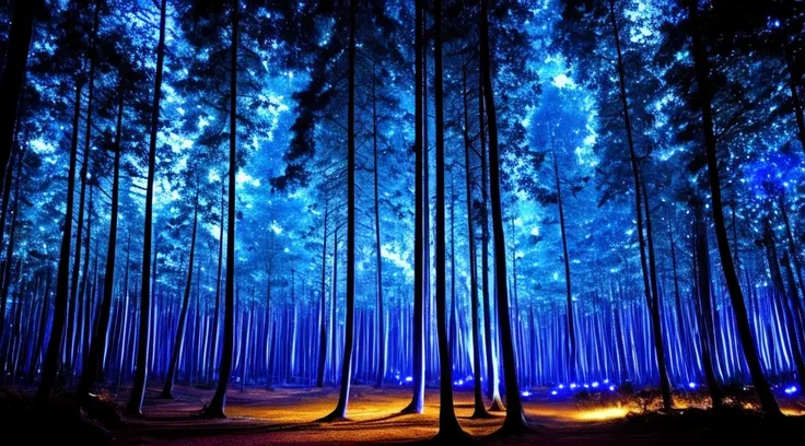 forest at night, blue tone, blue fireflies