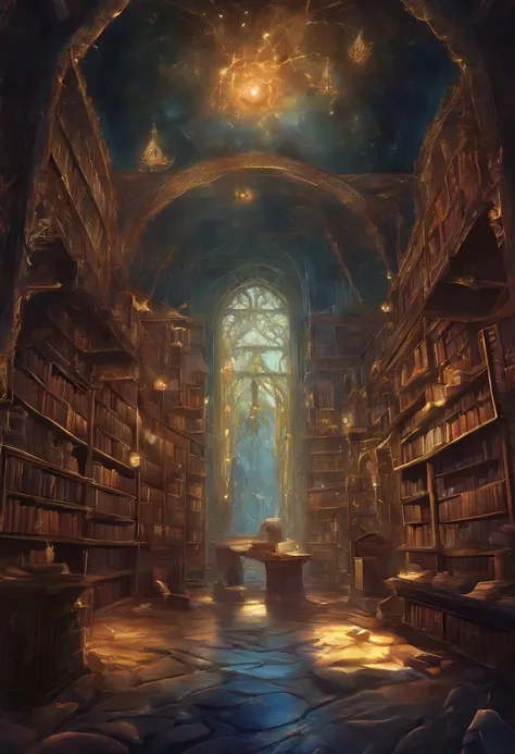 （Inside Enchanted Magical Library,  Its shelves are adorned with books shimmering with untold secrets and the silent murmurs of hidden yearnings, Large beautiful Librarywith shimmering, glowing books, Magical, sparkling walls，fantasy，Leonora Carrington，a f...