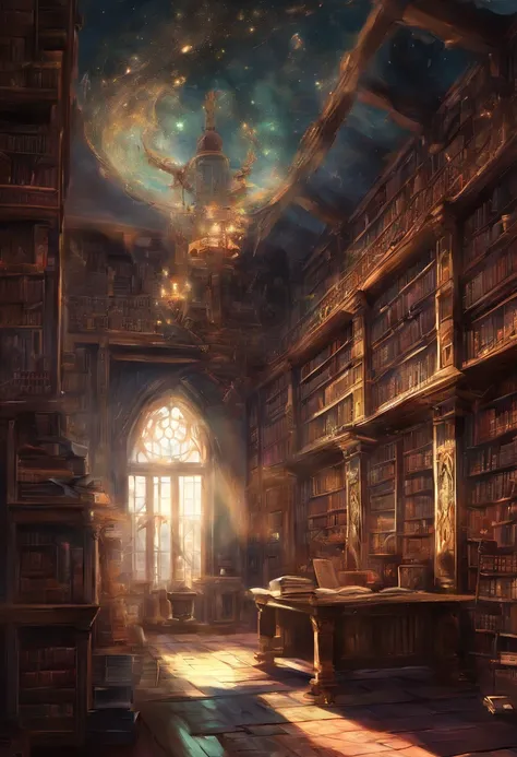 （Inside Enchanted Magical Library,  Its shelves are adorned with books shimmering with untold secrets and the silent murmurs of hidden yearnings, Large beautiful Librarywith shimmering, glowing books, Magical, sparkling walls，fantasy，Leonora Carrington，a f...