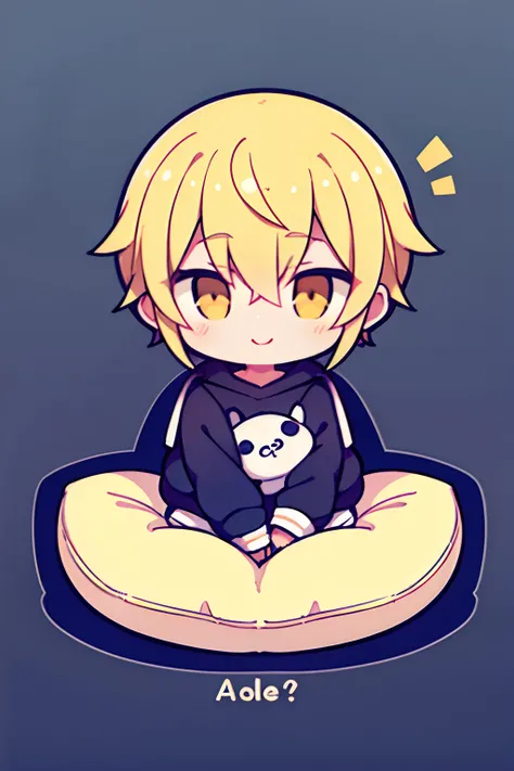 with a simple background，adolable，ssmile，Q version boys，The yellow hair with a black gradient is young and cute，ultra cute，Boy with short hair，Very handsome mid-range type，Reach out and face forward，greet，sat on the ground，There is a pillow on the lap，Wint...