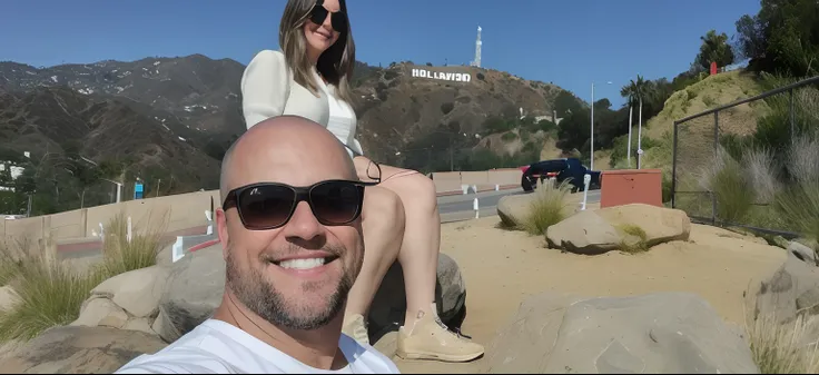 Theres a man and a woman sitting on a rock in front of a Hollywood sign, Hollywood, 🤬 🤮 💕 🎀, Carro Mulholland, Los Angelos, Los Angeles California, 💋 💄 👠 👗, Directed by: Tom Wänerstrand, cena Hollywood, fotografia de perfil, Los Angeles 2 0 1 5, Colinas ao...